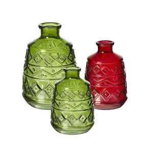 Green Glass Aztec Pattern Vase (Height) 15 cm - Ideal for a Christmas Table Centrepiece