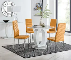 Giovani Round 4 Seat 100cm White High Gloss Halo Base Grey Glass Top Dining Table 4 Mustard Faux Leather Silver Leg Milan Chairs