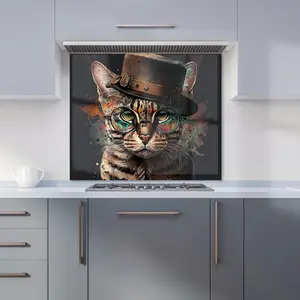 Bengal Cat With Glasses Premium Glass Kitchen Splashback W900mm x H750mm