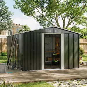 10 x 8 ft Metal Shed Garden Storage Shed Apex Roof Double Door with Base Foundation, Charcoal Black