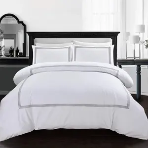 My Home Store Junco Microfiber 3 Piece Luxury Bratta Stitch Duvet Cover Sets With Pillowcase White/Grey / Kingsize - 2 Standard Pillowcases