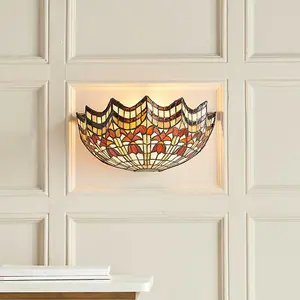 Tiffany Glass Wall Light Cream & Bold Red Scallop Shade Interior Sconce i00258