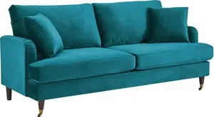 Brigette 3-Seater Teal Velvet Sofa With Antique Brass Castor Legs - Daals - Sofas