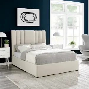 Cream Plush Velvet King Size 5FT Line Design Padded Headboard & Ottoman Storage Gas Lift Bed Frame