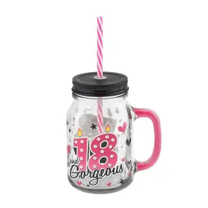 18th Birthday Mason Jar With Metal Lid Glass Handle and Pink/White Straw