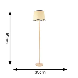 ValueLights Triston Natural Light Wood Stem Floor Lamp with Scallop Black Trim Tapered Shade and LED Bulb