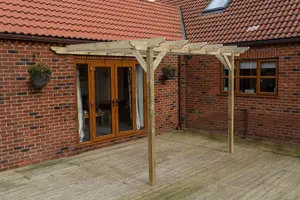 Lean to wooden garden pergola kit - Dinasty design wall mounted gazebo, 3.6m x 4.8m (Rustic brown finish)