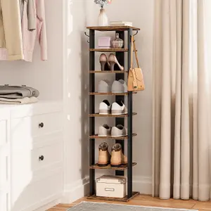 Shoe Rack Wooden, Tall Shoe Rack, Narrow Shoe Storage Organizer with 2 Hooks, Slim Shoe Shelf, Vertical Shoe Tower for Entrance,