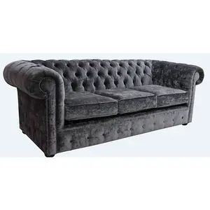 Chesterfield Genuine 3 Seater Sofa Settee Modena Steel Grey Velvet Fabric In Classic Style