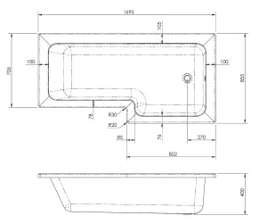 Right Hand L Shape Bathtub, Front Panel and Bath Screen - Chrome Profile