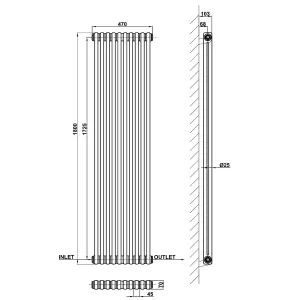 Vertical White Double Column Radiator (H) 1800mm x (W) 470mm, 6260 BTU.