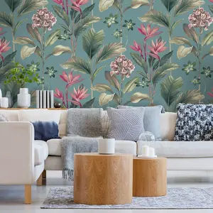 Oliana Floral Wallpaper Soft Teal Belgravia 8486