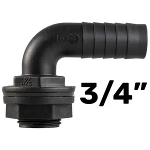 Water butt/rain barrel/water storage tank overflow hosetail elbow with nut & washer (3/4" bsp - 3/4" barb) requires a 26mm hole