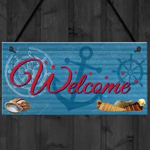 Red Ocean Welcome Nautical Seaside Marine Themed Home Gift Hanging Plaque Bedroom Bathroom Boat Sign