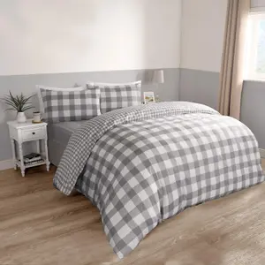 Gingham Duvet Cover Reversible Bedding Set, Grey - King