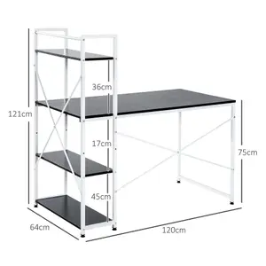 HOMCOM Computer Desk Laptop Table w/4-tier Bookshelf Metal Frame Black, White