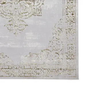 Gold Silver Traditional Abstract Bordered Easy To Clean Rug For Living Room Bedroom & Dining Room-80cm X 150cm