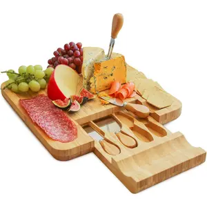 Bamboo Cheese Board And Knife Set. Best For Serving Cheese, Crackers, Salami And Food. Size: 33Cm X 33Cm X 3.5Cm. Christmas, Weddings And House Warming Gift