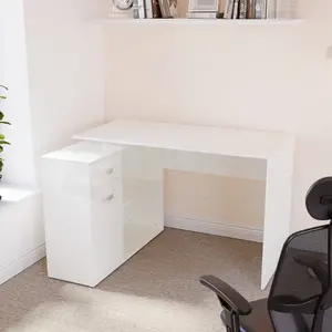 Vida Designs Longton White Adjustable L-Shaped Computer Desk with Shelves, Drawer and Door