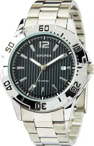 Sekonda Mens 44mm Caspian Silver Stainless Steel Bracelet 50m Water Resistant Dive Watch 3 Hand Date Display