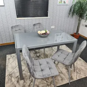 Grey Dining Table and 4 Grey Velvet Chairs Kitchen Dining Set of 4 Glass Table