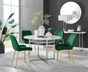 Adley White High Gloss and Chrome Round Dining Table with Storage Shelf and 4 Green Velvet Gold Leg Pesaro Dining Chairs