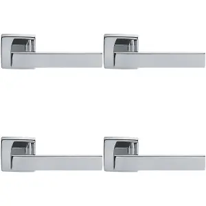 4 PACK - Contemporary Flat Door Handle Set - Polished Chrome Sleek Lever on Square Rose