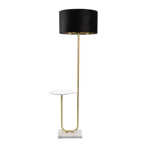 ValueLights Tavel Gold Floor Lamp with Table and Black Velvet with Gold Inner Lamp Shade and LED Bulb