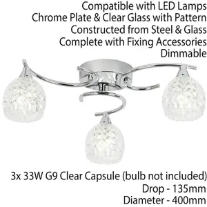 Semi Flush Ceiling Light Chrome Textured Glass 3 Bulb Hanging Pendant Lamp Shade