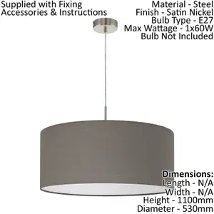 Pendant Ceiling Light Colour Satin Nickel Shade Anthracite Brown Fabric Bulb E27 1x60W