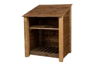 Wooden log store with kindling shelf W-99cm, H-126cm, D-88cm - brown finish