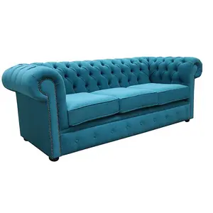 Chesterfield 3 Seater Sofa Cantare Teal Blue Easy Clean Fabric In Classic Style