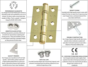 EAI - 3" Internal Door Hinges & Screws G7 FD30  - 76x50x2mm Square - PVD Brass - Pack 2 Pairs