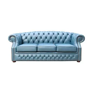 Chesterfield 3 Seater Sofa Shelly Majolica Blue Leather In Buckingham Style