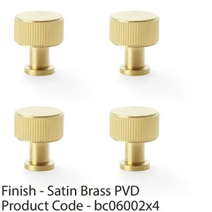 4 PACK - Round Reeded Door Knob - 29mm Diameter Satin Brass Lined Cupboard Pull Handle