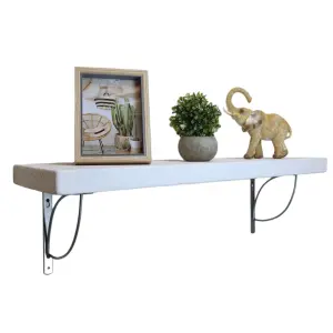 Solid Wood Handmade Rustical Shelf White 225mm 9 inch with Silver Metal Bracket TRAMP Length of 90cm