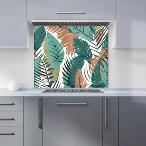 Tropical Floral Leaves Green Brown Premium Glass Kitchen Splashback W900mm x H750mm