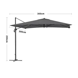 3M Large Square Canopy Rotatable Tilting Garden Rome Umbrella Cantilever Parasol with Cross Base, Dark Grey