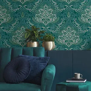 Galerie Mulberry Tree Teal Floral Damask Wallpaper Roll