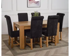 Kuba 150 x 85 cm Chunky Medium Oak Dining Table and 6 Chairs Dining Set with Washington Black Fabric Chairs