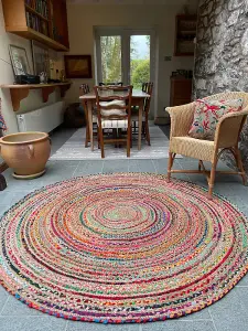 MISHRAN Round Rug Hand Woven with Braids - Jute - L150 x W150 - Multicolour