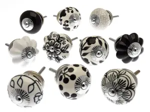 MangoTreeKnobs - Mixed Set of Black and White Ceramic Cupboard Knobs x Pack 10 (MG-90)