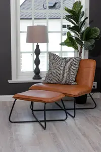 X Metal Frame Orange ,Lounge Chair with Footstool, Brown PU