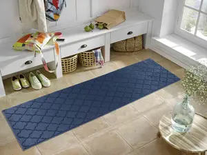 Ivy Washable Trellis Design Anti Slip Doormats Navy 80x300 cm