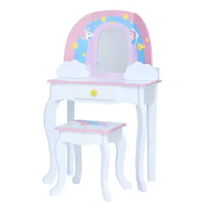 Teamson Kids Dressing Table, Play Vanity Set with Mirror & Stool, Rainbow Unicorn - Pink/White