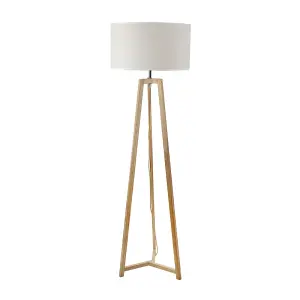 ValueLights Lottie Natural Wood Tripod Floor Lamp with Linen White Trim Drum Shade