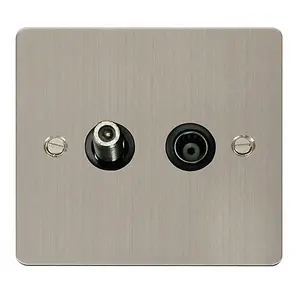 Flat Plate Stainless Steel Satellite And Isolated Coaxial 1 Gang Socket - Black Trim - SE Home