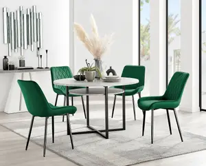 Adley Grey Concrete Effect And Black Round Dining Table with Storage Shelf and 4 Green Velvet Black Leg Pesaro Dining Chairs