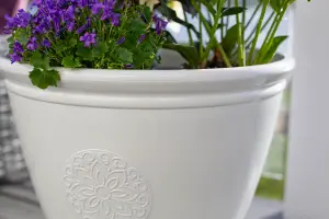 Pot Planter Indoor or Outdoor Lightweight Recycled Plastic Garden  Large Eden Emblem Plant Pot - L45 x W45 x H38 cm - White