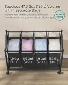 SONGMICS Laundry Basket on Wheels, 4 Removable Sorting Bags, Laundry Trolley, Hamper for Bedroom, Bathroom, Laundry, Ink Black